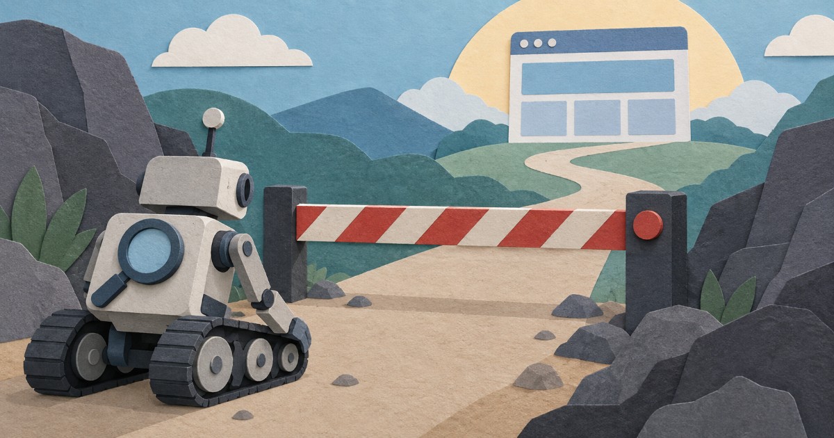 Papírová koláž robotického prohledávače zastaveného zábranou na cestě k webové stránce