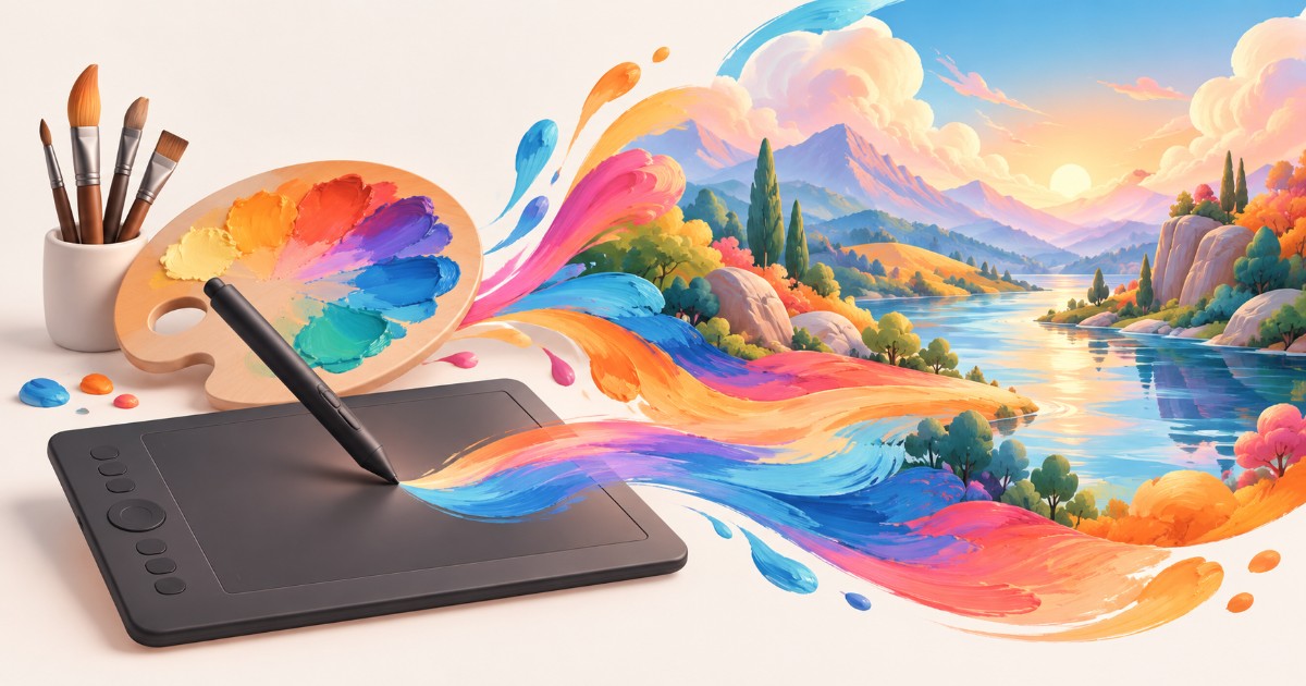 Grafický tablet se stylusem a paletou, z jehož tahů vzniká barevná digitální malba krajiny