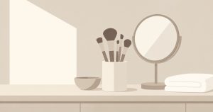 Plochá ilustrace štětců v keramickém kelímku u zrcátka, misky a složeného ručníku v béžových tónech.